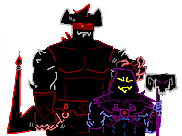 A doodle of Spinal Tap and Skeletor. Skeletor is holding his Havoc Staff and talking. Spinal Tap stands behind him strained and blushing, with a hand extended out to grab Skeletor by the head