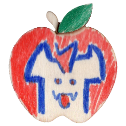 A transparent magnet shaped like an apple. The character Spinal Tap is drawn on it.