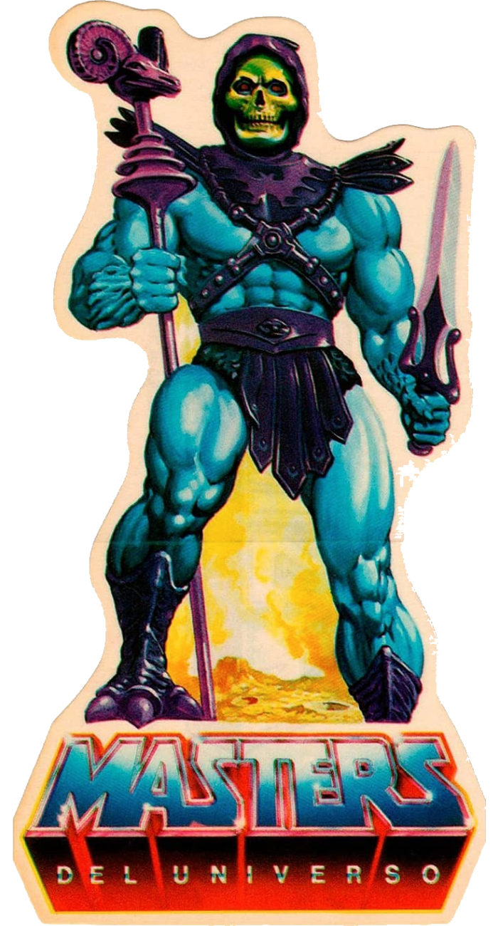 A standee of Skeletor that says MASTERS DEL UNIVERSO on the base